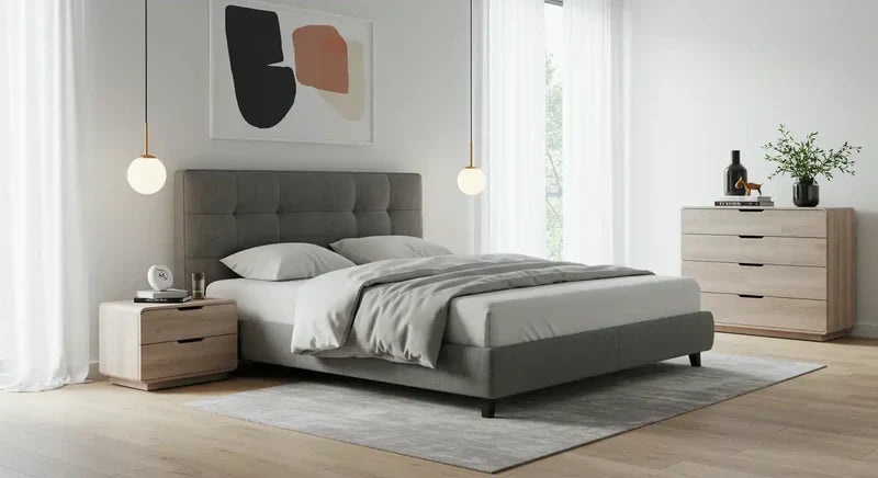 Best bedroom furniture sets in the USA - modern gray bed with coordinated nightstands and dresser