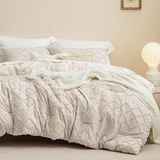Boho Comforter Set - White Tufted Shabby Chic Bedding Comforter Set