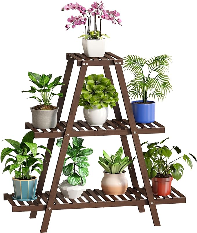BMOSU 3-Tier Bamboo Plant Stand – Triangular Black Display Rack
