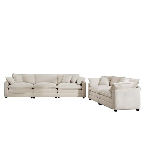 Modern Fabric Living Room Sofa Set - 2-Seat Loveseat & 3-Seat Couch in Light Beige Corduroy