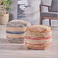Lola Boho Hemp and Wool Pouf, Natural and Blue