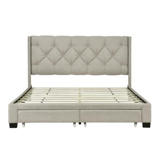 Queen Size Storage Bed Linen Upholstered Platform Bed
