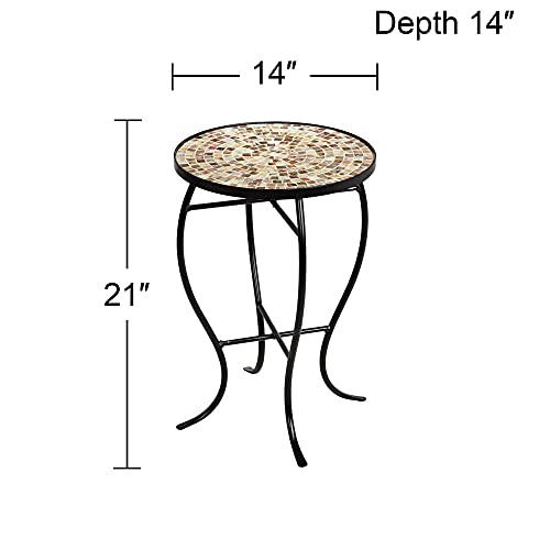 Teal Island Designs Mother of Pearl Modern Black Metal Round Outdoor Accent Side Table 14" Wide Natural Mosaic Tile Tabletop Gracefully Curved Legs for Spaces Porch Patio Home House Balcony Deck - Bircata