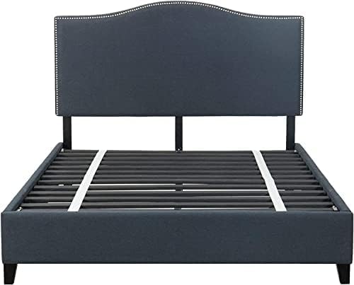 Upholstered Bed Frame Nickel Finish Nail Head Trim with Black Finish Wood Legs