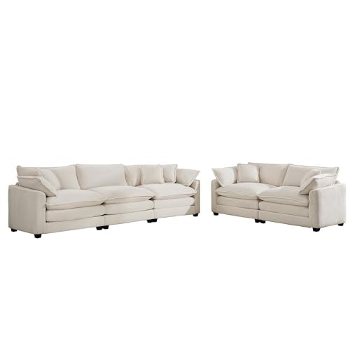 Modern Fabric Living Room Sofa Set - 2-Seat Loveseat & 3-Seat Couch in Light Beige Corduroy