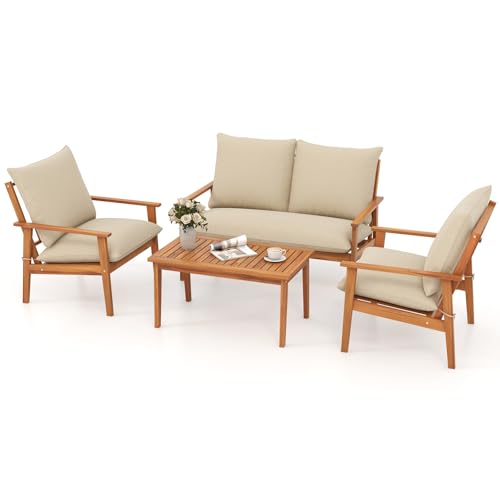 4 Pieces Patio Furniture Set, Outdoor Acacia Wood Conversation Set
