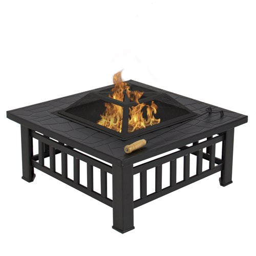 Outdoor 32" Metal Firepit Backyard Patio Garden Square Stove Fire Pit With Cover