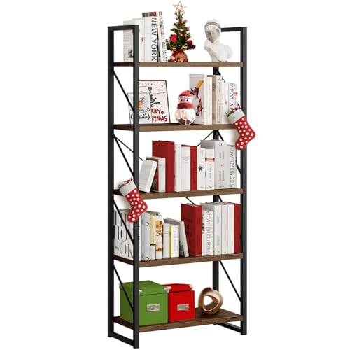 5-Tier Bookshelf, Freestanding Book Shelf, Industrial Minimalist Open Display Storage