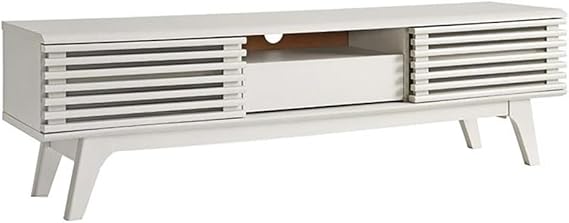 Mid Century Modern Low Profile 59" Retro TV Stand with Slatted Shelves in Walnut