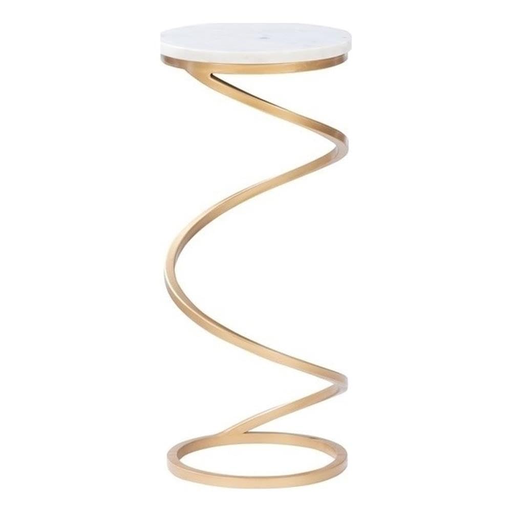 Round Modern Metal & Marble Drink Table w/Spiral Base in Gold/White