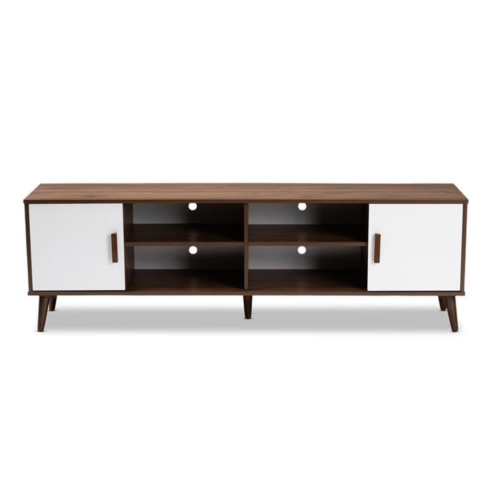 Quinn Mid-Century Modern Two-Tone White and Walnut Finished 2-Door Wood TV Stand