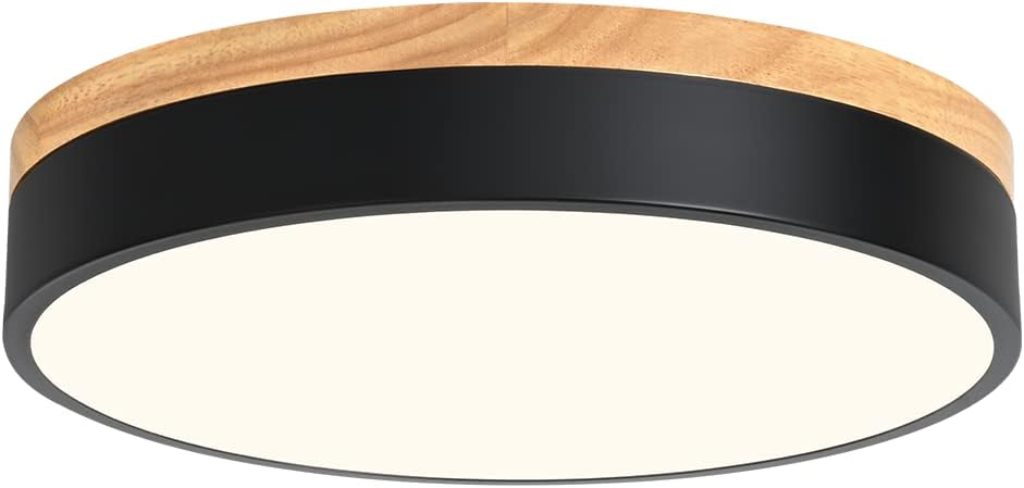 Modern Dimmable Wood LED Close to Ceiling Light, 2700K-6000K 5CCT Round Black