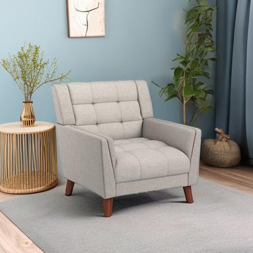 Evelyn Mid Century Modern Fabric Arm Chair, Beige & Walnut