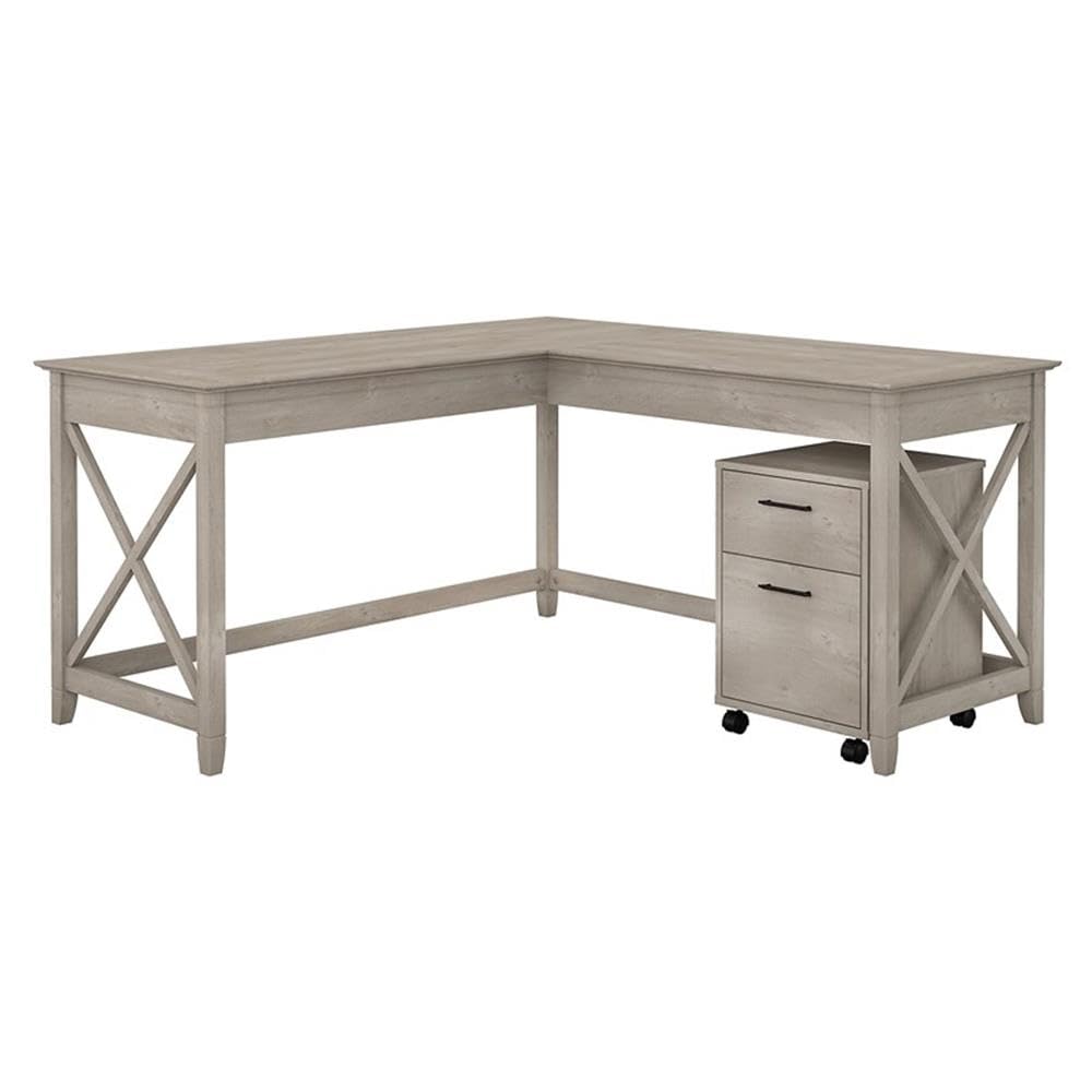 Key West 60W L Shaped Desk with 2 Drawer Mobile File Cabinet in Washed Gray