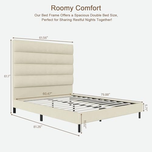 Tall Headboard Bed Frames, 61.1" Queen Size Bed Frame with Cashmere Upholstered,