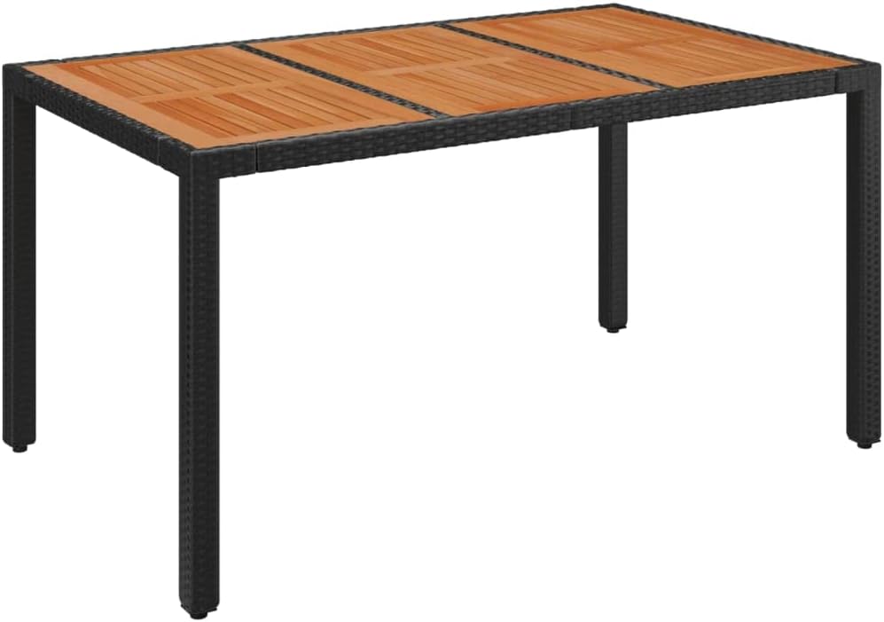 Outdoor Patio Dining Table with Acacia Wood Top - Black Poly Rattan 59.1"x35.4"