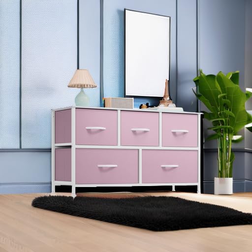 Wide Storage Tower with 5 Drawers - Fabric Dresser, Organizer Unit for Bedroom