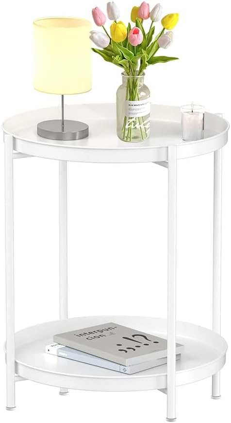 End Table,Folding Round Metal Side Table Waterproof,Round End Table with Removable