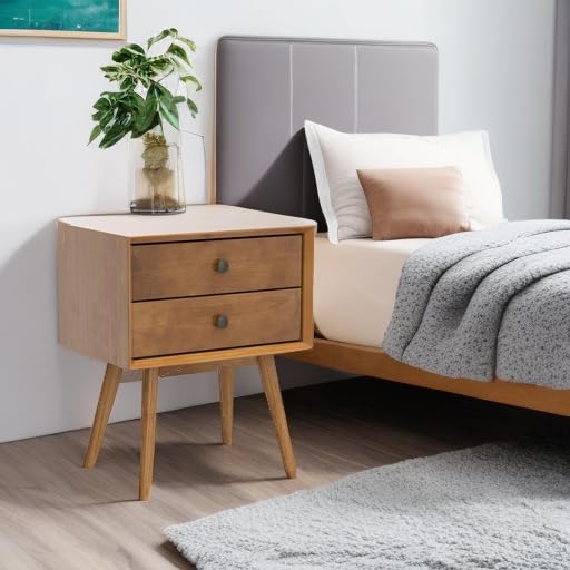 Walker Edison Ella Mid-Century Modern 2-Piece 2-Drawer Solid Wood Nightstand Set, 2 Pack, Caramel