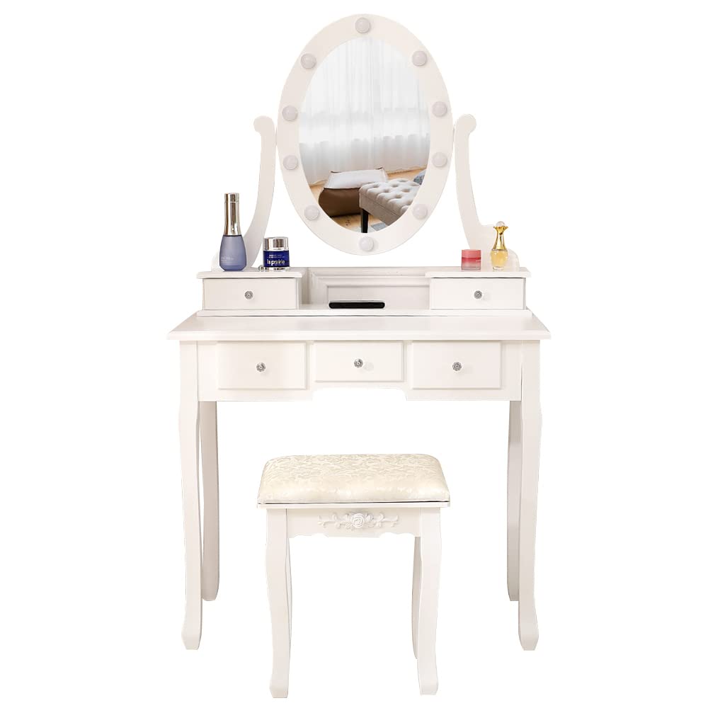Light Bulb Single Mirror 5 Drawer Dressing Table White,Vanity Table with Mirrors,Makeup