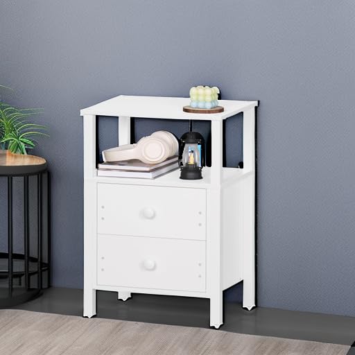 White Night Stand, Small Nightstand with 2 Wood Drawers and Storage Shelf, Modern