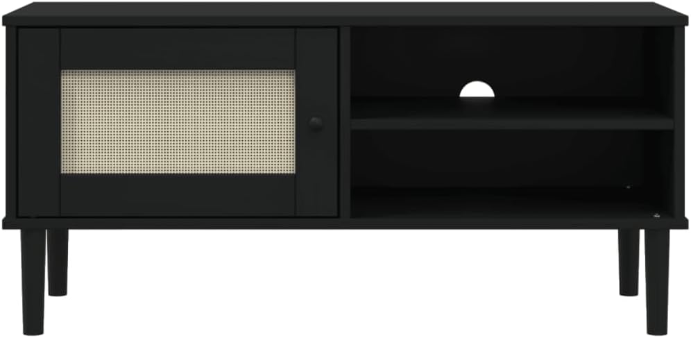 SENJA Rattan Look TV Stand - Black, Solid Wood Pine, Ample Storage