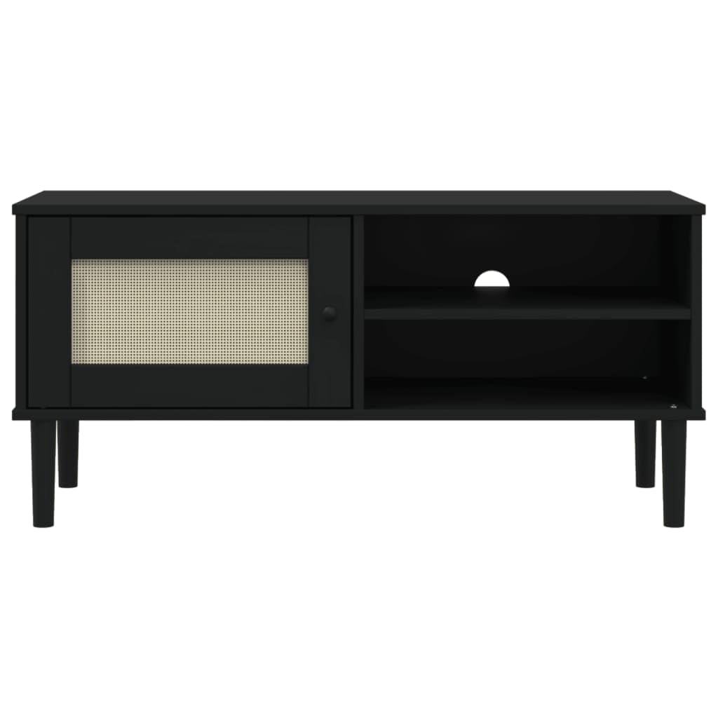 SENJA Rattan Look TV Stand - Black, Solid Wood Pine, Ample Storage