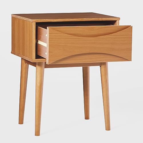 Edison Modern Solid Wood Retro 1-Drawer Nightstand, 25 Inch, Caramel