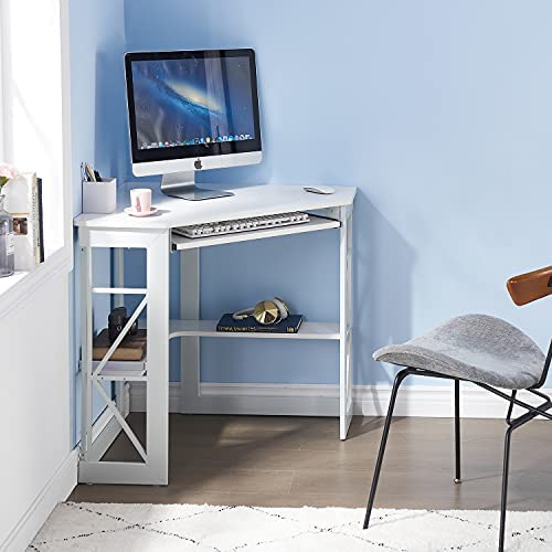 Corner Computer Desk Writing Smooth Keyboard Tray & Storage Shelves,Compact Home Office Triangle