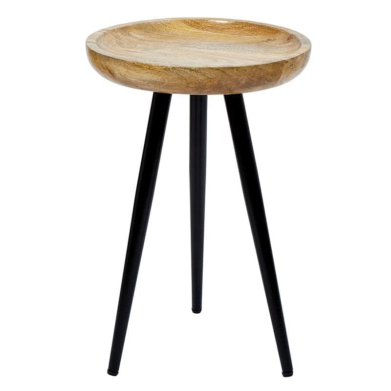 Mango Wood and Iron Tri-Pin End or Side Table for Living Room, 11.75" Diameter x 17.8" H