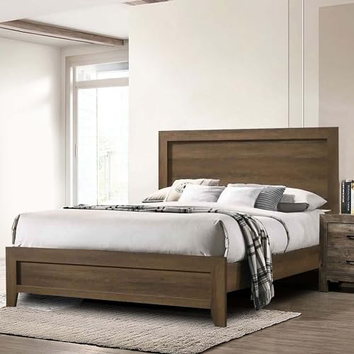 Transitional Style Wooden Eastern King Bed with Raised Molding Trim, Brown