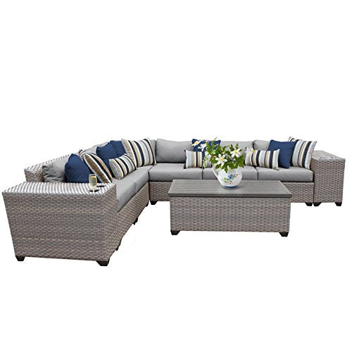 9 Piece Traditional Wicker/Fabric Patio Sectional Set in Gray
