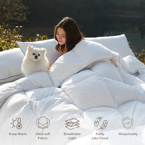 Down Feather Fibers Comforter, Ultra-Soft Cotton Blend Fabric, Medium Weight for All