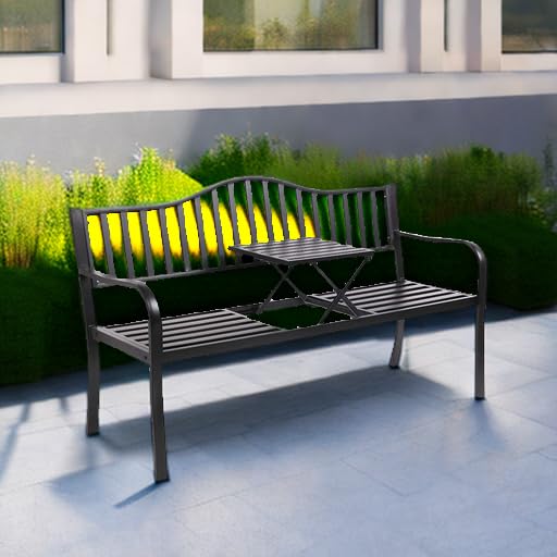 59" Outdoor Metal Bench Patio Bench with Built in Table Park Bench Garden Bench