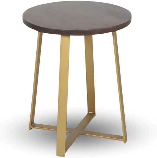 Ross Round Wooden Tabletop with Sleek Metal Base Side Table, Brass and Dark Brown