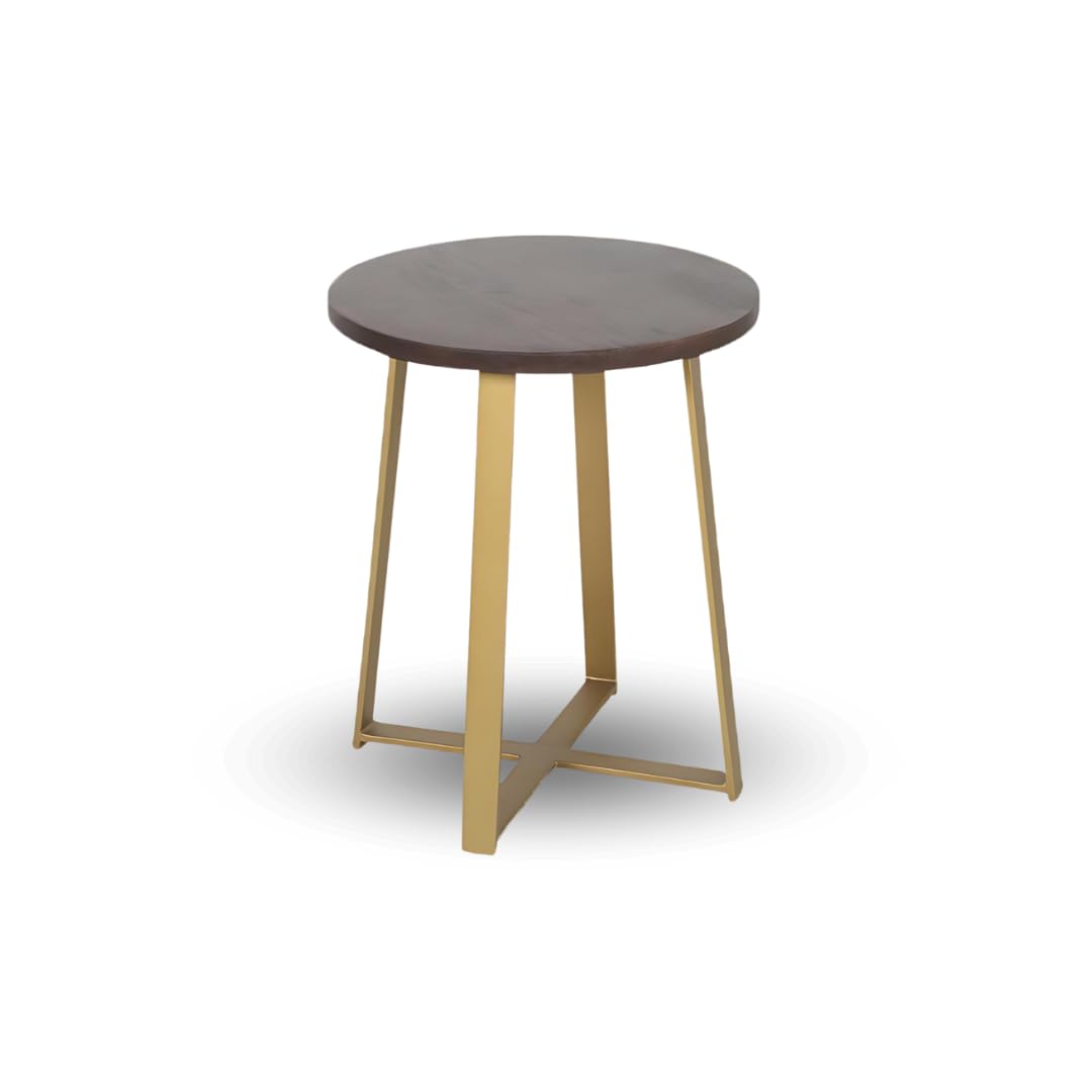 Ross Round Wooden Tabletop with Sleek Metal Base Side Table, Brass and Dark Brown
