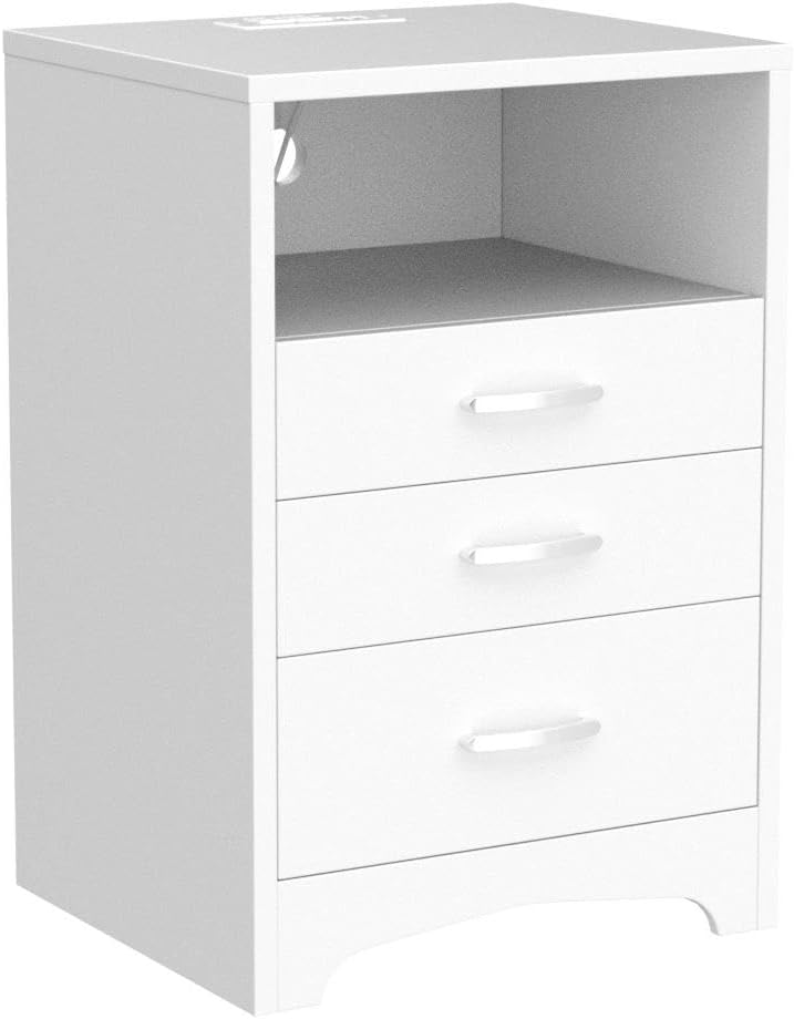 White Nightstand with Charging Station, Modern End Side Table with 3 Drawers, Wooden