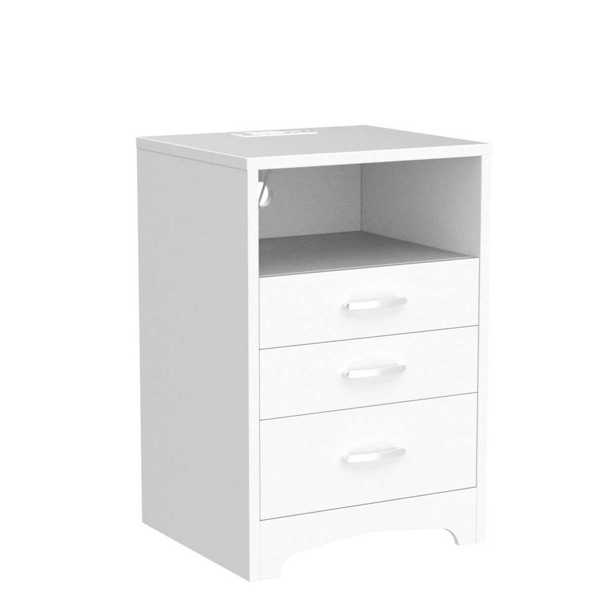 White Nightstand with Charging Station, Modern End Side Table with 3 Drawers, Wooden