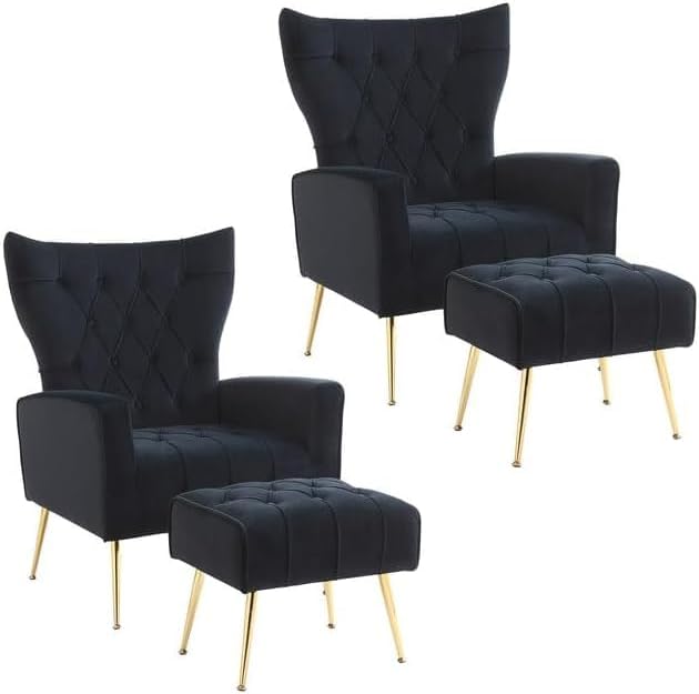 Ottoman Set of 2, Comfy Chair and Ottoman Set, Upholstered Tufted Lounge Chair with Wide Seat Footrest, Reading Armchair for Living Room Bedroom, Beige,Velvet