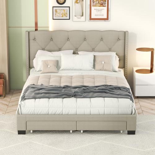 Queen Size Storage Bed Linen Upholstered Platform Bed