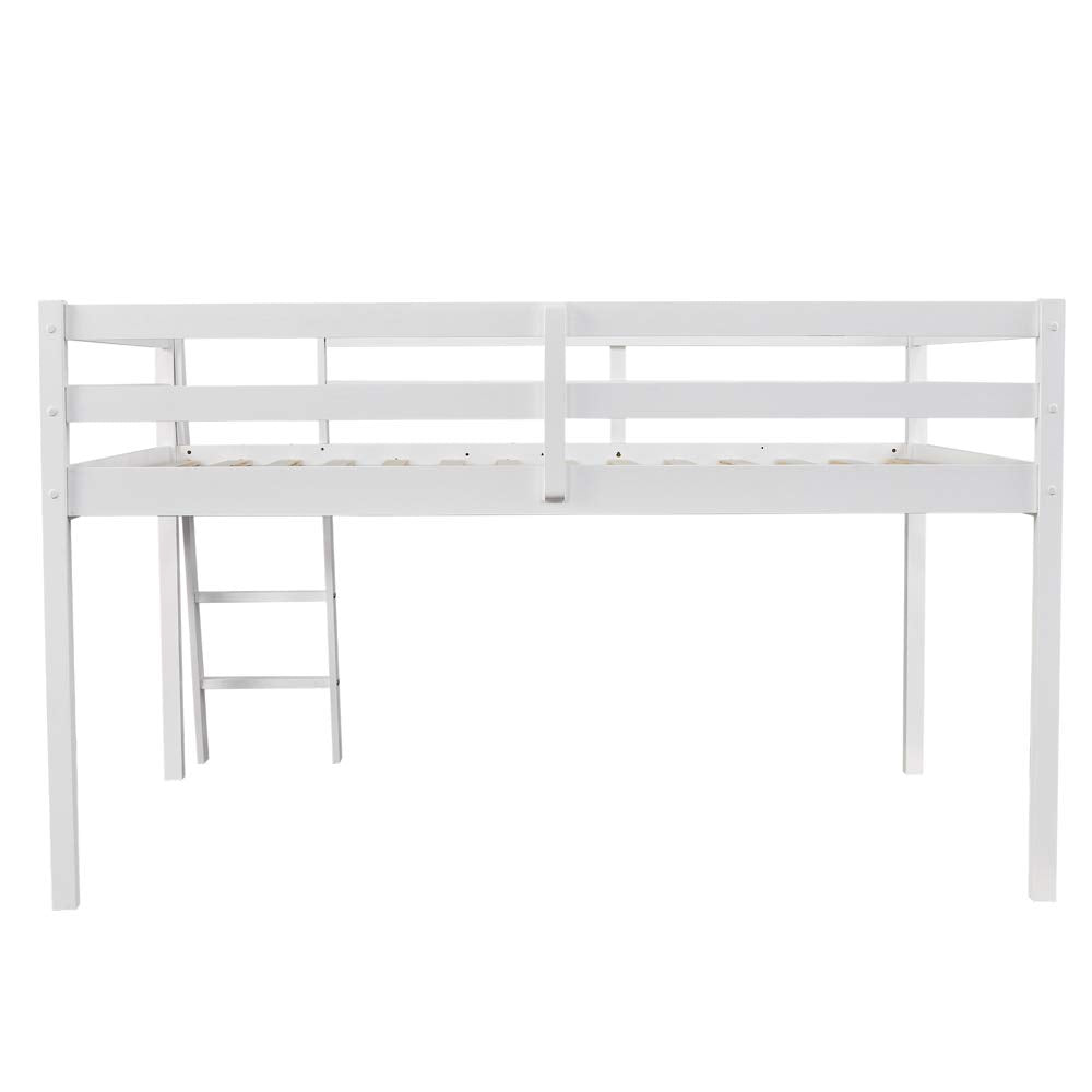 Junior Low Loft Bed with Stairs, White Wood Loft Bed Full Size for Adults, Kids and Young