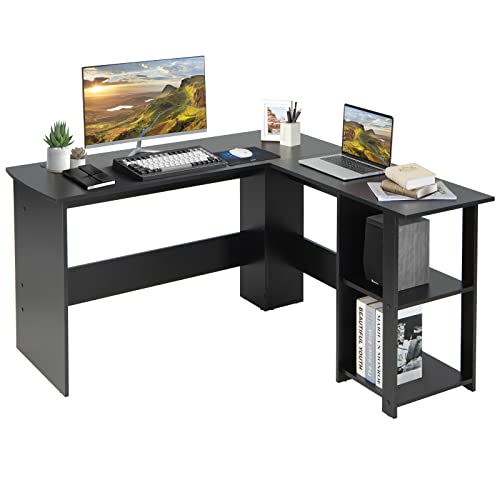 Shaped Computer Desk, Corner Desk for Small Space, Laptop Workstation with 2-Tier Open Shelf & 2 Cable Management Holes