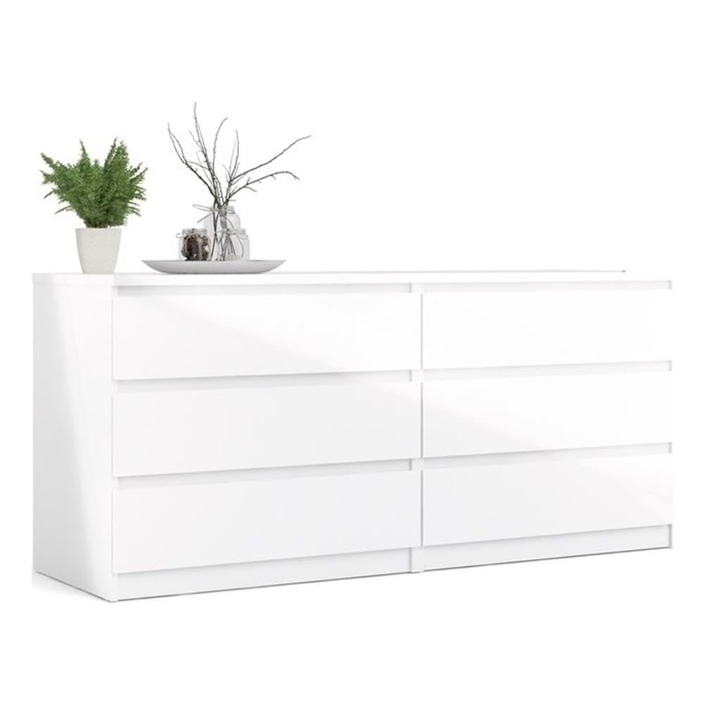 Modern Contemporary 6 Drawer Wide Double Bedroom Dresser in White High Gloss