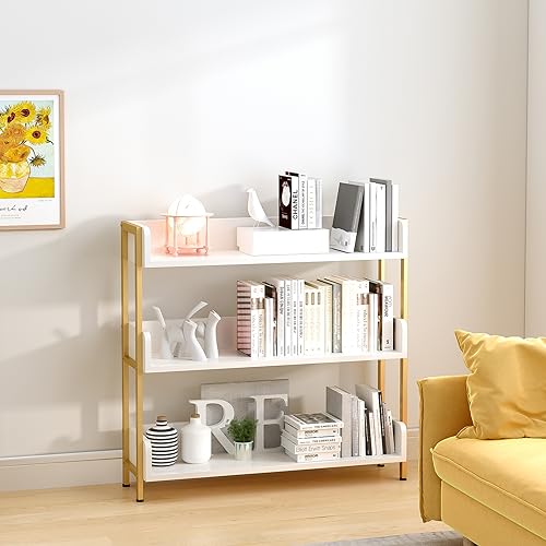 Open Shelf Bookcase - Modern 3-Tier Floor Standing Display Bookshelf with Three-Side Panels for Home and Office, Storage Shelving in Warm White with Gold Frame