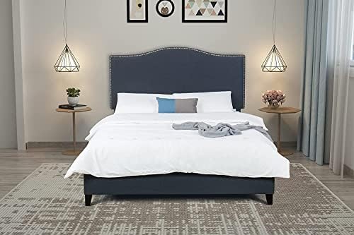 Upholstered Bed Frame Nickel Finish Nail Head Trim with Black Finish Wood Legs