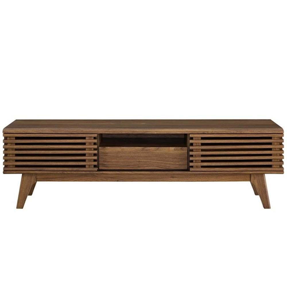 Mid Century Modern Low Profile 59" Retro TV Stand with Slatted Shelves in Walnut