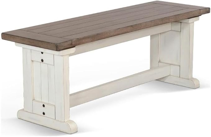 Carriage House Farmhouse Wood Side Bench in Off White Dark Brown (Tobacco Leaf)