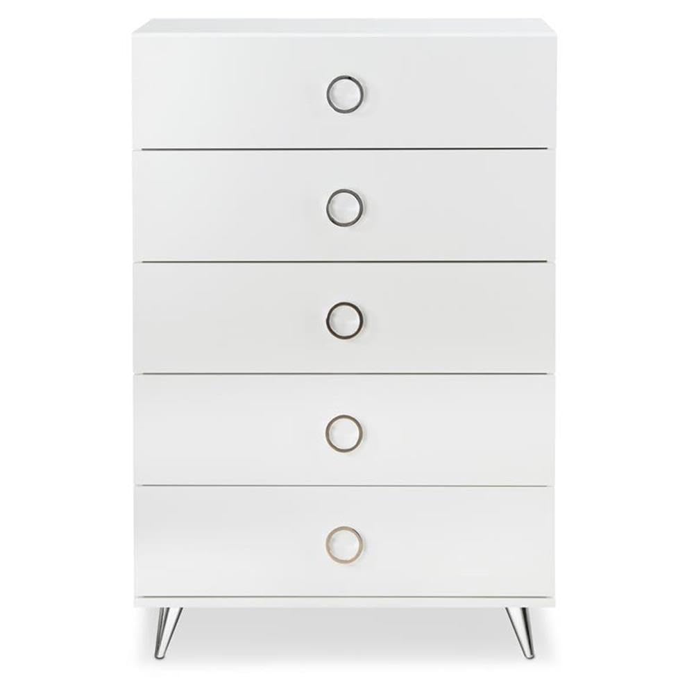 Acme Elms Wooden Rectangular Chest with 5 Storage Drawers in White and Chrome