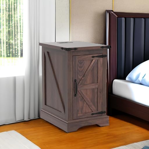 Nightstand with Charging Station, Rectangular Farmhouse End Table with Barn Door