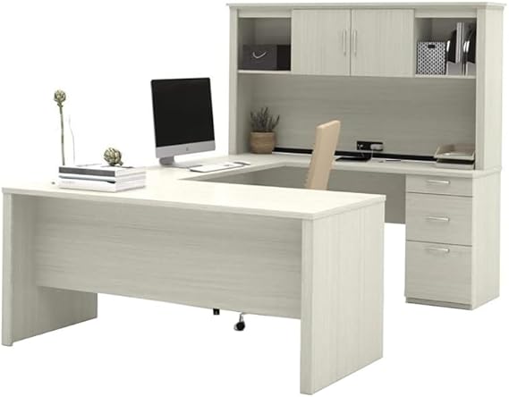 Modern Contemporary U-Shaped Wood Computer Desk with Hutch